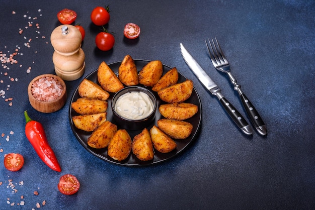 Fatias de batata assada com queijo e ervas e molho de tomate em um fundo escuro