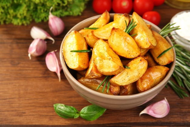 Fatias de batata assada na mesa de madeira fechada