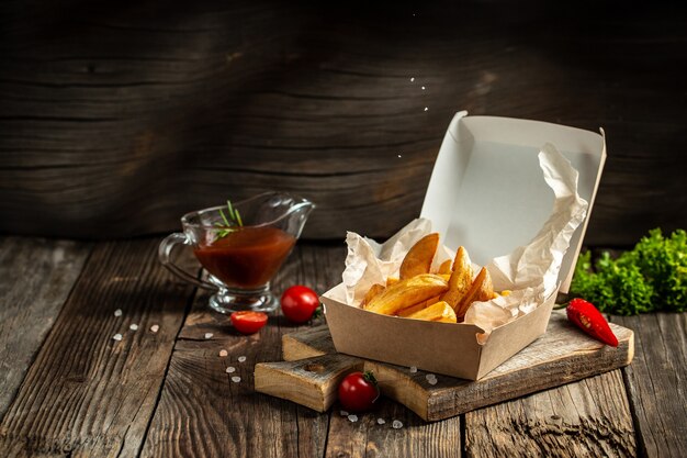 Fatias de batata assadas no forno na mesa de madeira