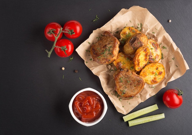 Foto fatias de batata frita com pedaços de carne e legumes na mesa batata assada com ervas