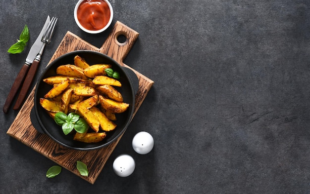 Fatias de batata frita em uma frigideira e molho em um fundo de concreto. fatias de batata cozida.