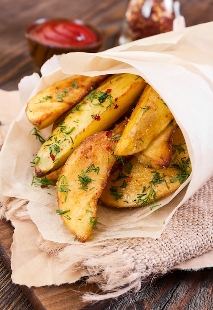 Fatias de batata na mesa de madeira