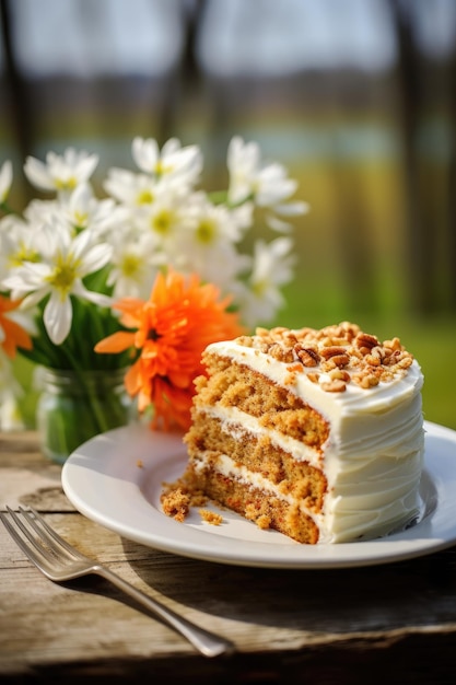 Fatias de bolo de cenoura na mesa.