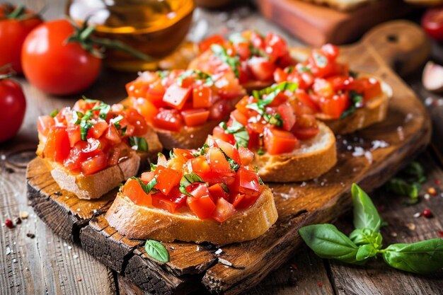 Fatias de bruschetta em tábuas de madeira