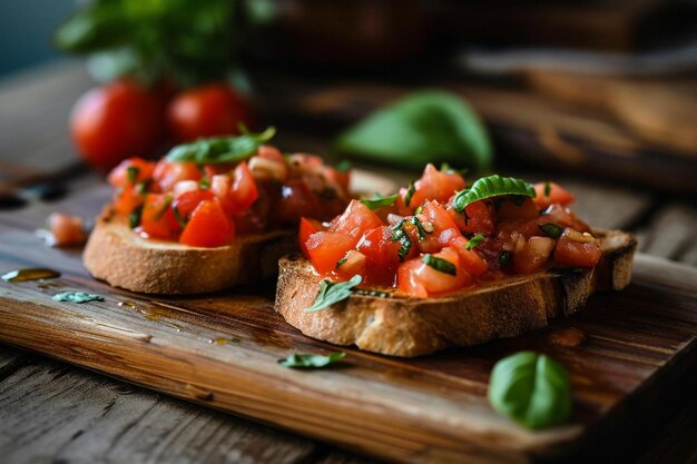 Fatias de bruschetta em tábuas de madeira