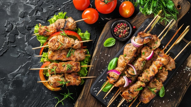 Fatias de carne e legumes em uma tábua de cortar preparadas no estilo grego Souvlaki