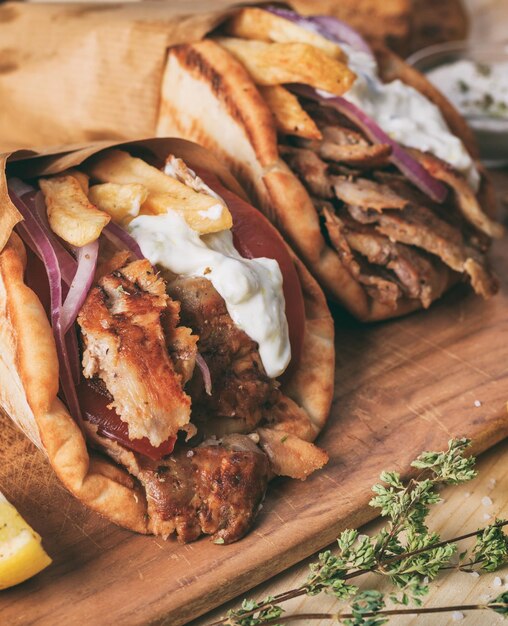 Foto fatias de carne grelhadas de gyros em uma vista de perto de pão pita