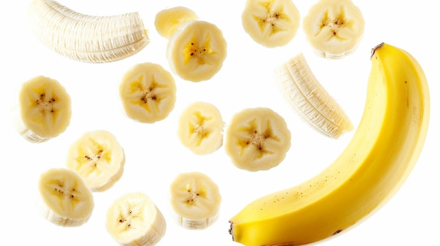 Fatias de círculo de banana voadoras isoladas em fundo branco Generative Ai