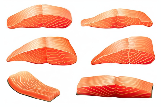 Fatias de filé de salmão cru isoladas em fundo branco Pedaços grossos de peixe vermelho fresco ou truta