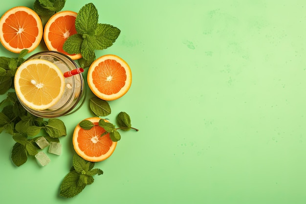 Fatias de frutas cítricas ervas de hortelã e coqueteleira em um fundo retrô de hortelã visto de cima