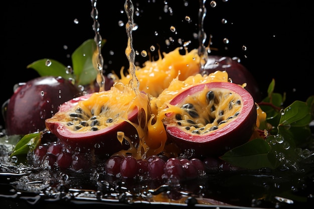 fatias de frutas da paixão com faca e gotas de água e salpicos em fundo preto