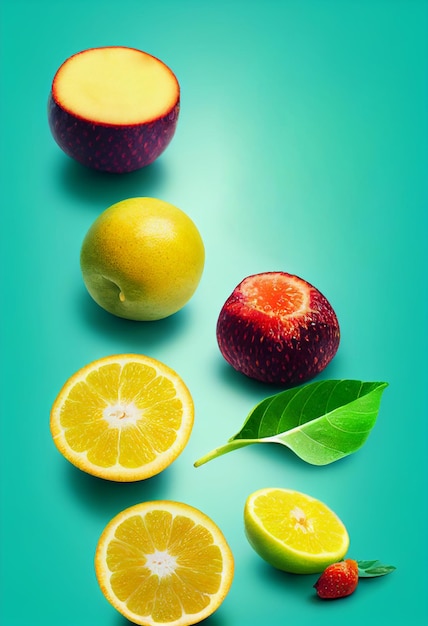 Fatias de frutas fatiadas Composição do sortimento de diferentes frutas maçãs laranjas e outras frutas