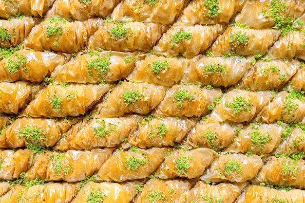 Fatias de fundo de baklava turco pistache tradicional