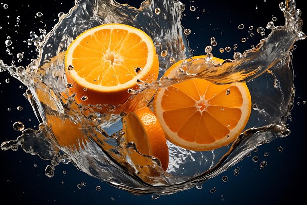 Fatias de laranja caindo e salpicando em água clara