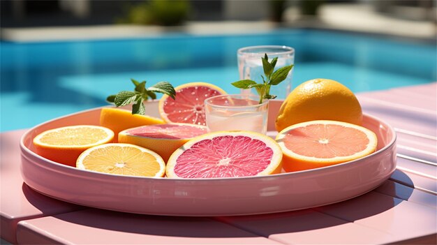 Fatias de laranja de toranja de limão e limão em uma bandeja na piscina