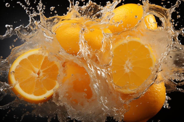 Fatias de laranja fazendo um salpico na água