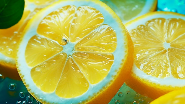 Fatias de limão e limão com gotas de água sobre um fundo azul