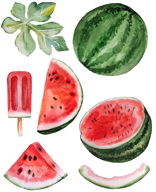 Fatias de melancia suculenta vermelha com sorvete de sementes ilustração de frutas tropicais em aquarela comida saudável elemento de design de verão