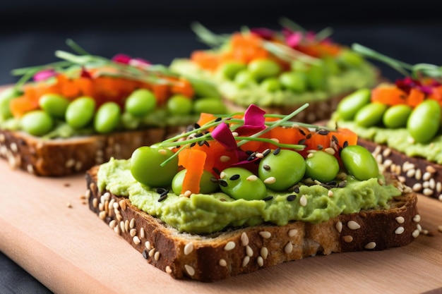 Fatias de pão cobertas com feijão edamame cozido