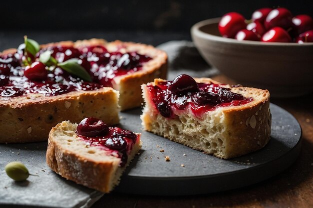 Foto fatias de pão de cereja focaccia