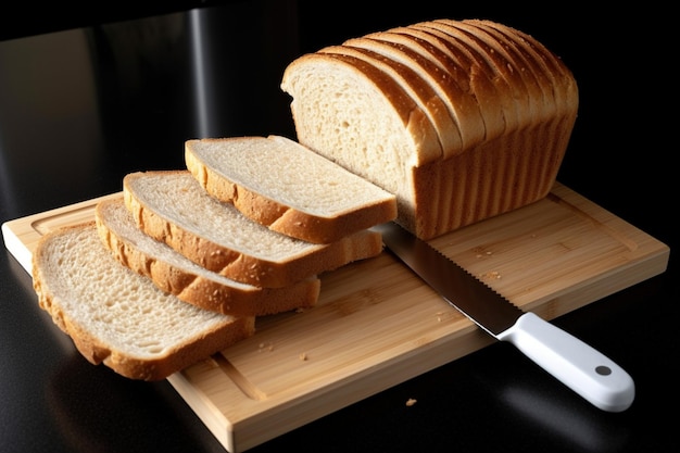 Fatias de pão de trigo fresco essenciais para cozinha exibidas em um quadro branco