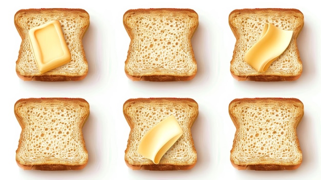 Foto fatias de pão para torradas ou sanduíches com curls de manteiga ou margarina enrolada em fundo branco ilustração 3d realista ilustração
