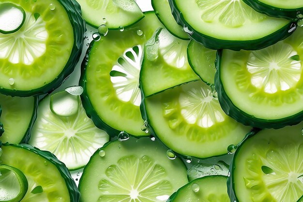 Fatias de pepino crocantes e refrescantes com gotas de água IA geradora