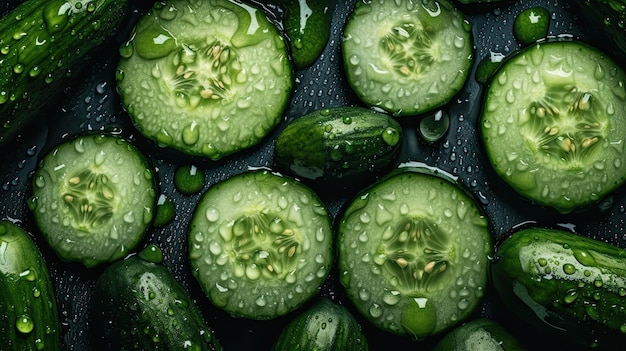 Fatias de pepino em uma panela com gotas de água sobre eles