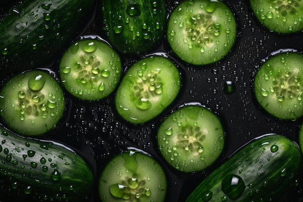 Fatias de pepino em uma panela com gotas de água sobre eles