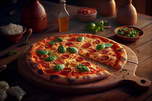Fatias de pizza com tomate queijo mussarela e azeitonas na placa de madeira generative ai