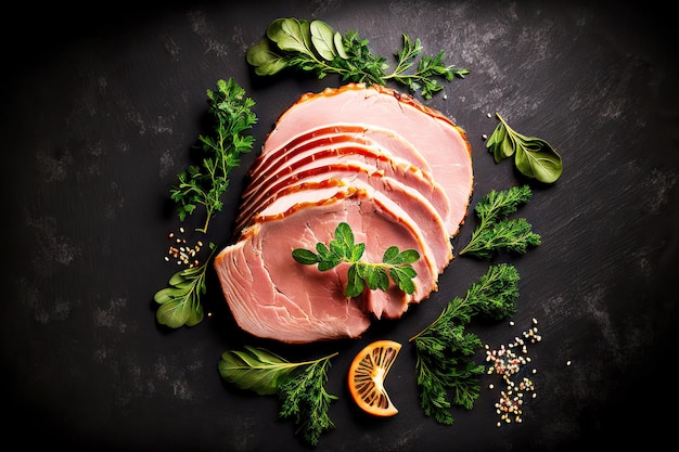 Fatias de presunto de Páscoa com vegetação em fundo escuro