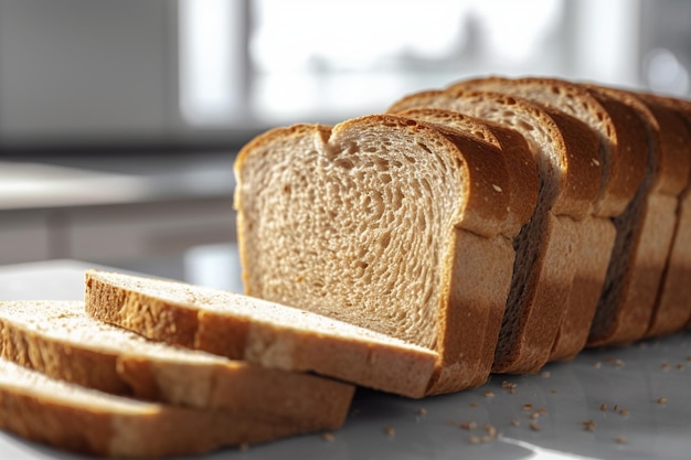Fatias de pura simplicidade de pão de trigo em uma placa de cozinha branca