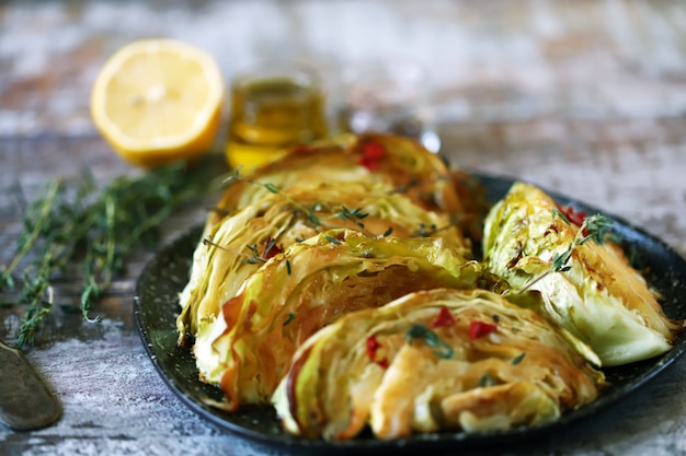 Fatias de repolho grelhado com ervas aromáticas