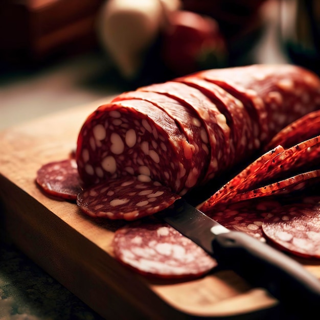 fatias de salame italiano na tábua com faca de cozinha