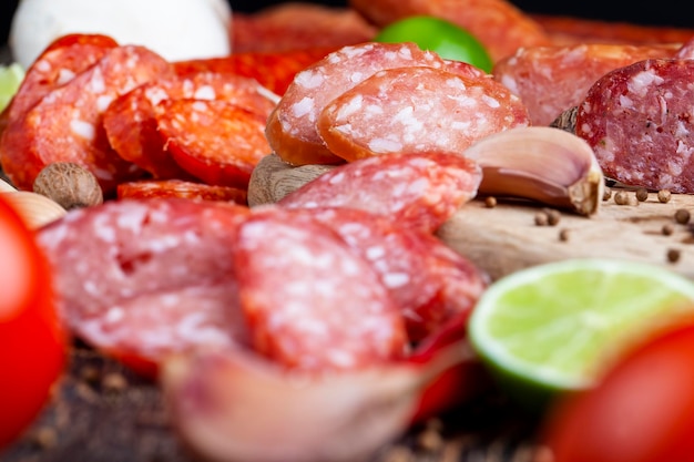 Foto fatias de salsicha de carne estão sobre uma tábua