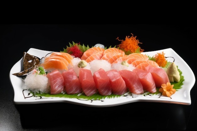 Fatias de sashimi fresco dispostas em uma cama de gelo decoradas com wasabi e gengibre