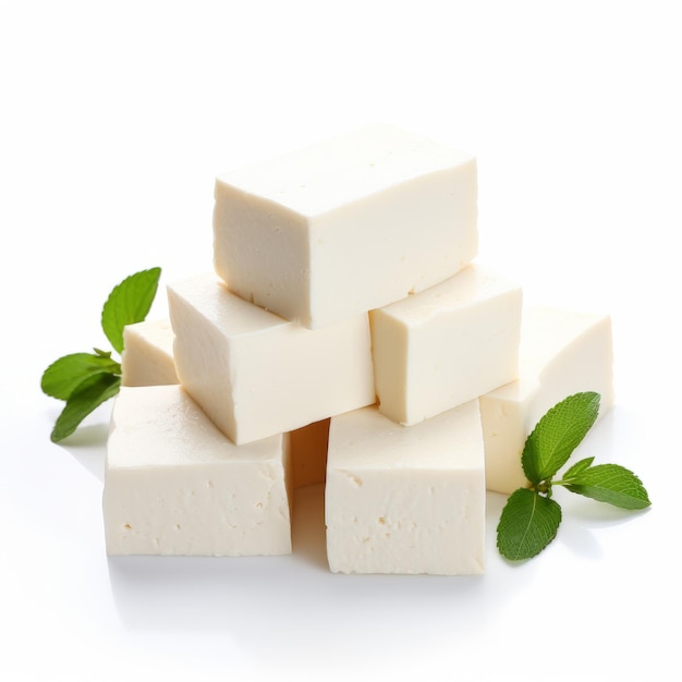 Fatias de tofu branco com folhas de hortelã deixam um deleite criativo e polido