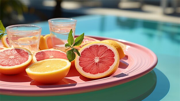 Foto fatias de toranja e limão em um prato vermelho com hortelã