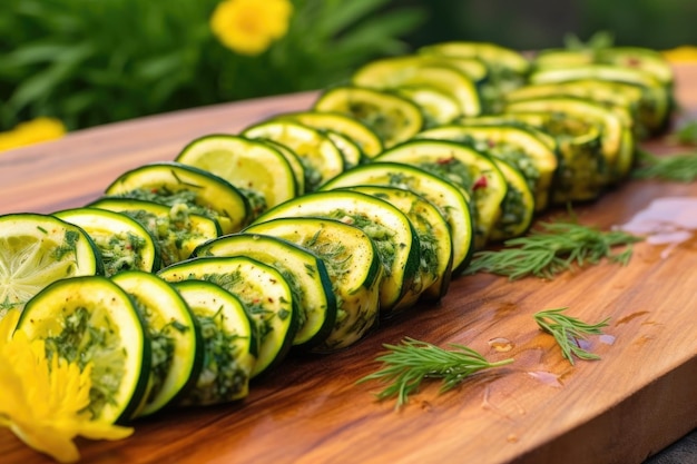 Fatias de zucchini em tábua de cedro com ervas criadas com ai generativa