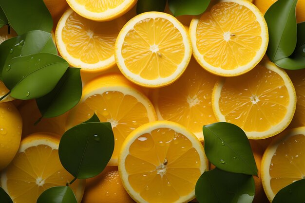 fatias e folhas de laranja em fundo amarelo