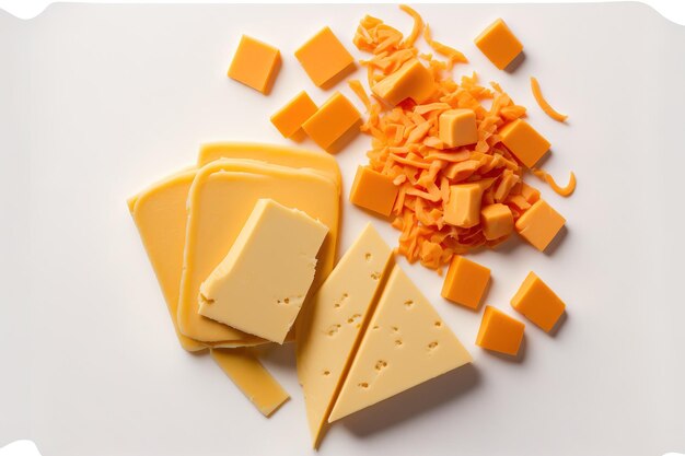 Fatias e pedaços de vista superior de queijo cheddar isolados em um fundo branco