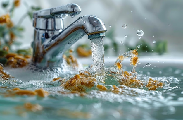 Faucet y corriente de agua Un grifo de agua con dos gotas de sucio