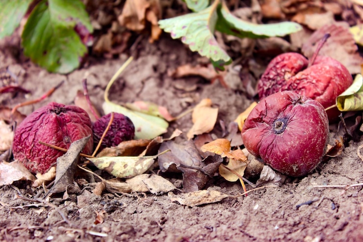 Foto faule äpfel auf dem boden verdorbene apfelernte früchte, die mit apfelmonilia fructigena infiziert sind