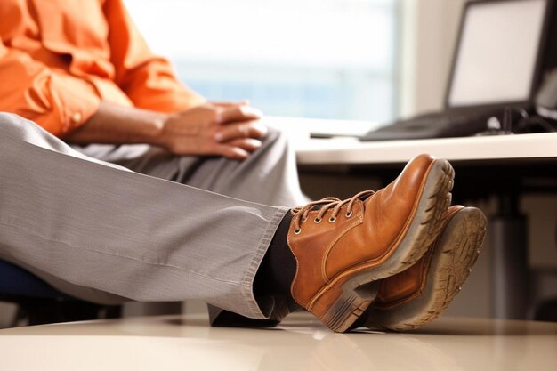 Foto fauler büroangestellter legt die füße hoch und entspannt sich in seinem kleinen büro