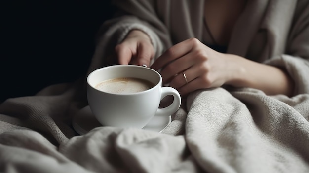 Fauler freier Tag und Kaffee im Bett-Konzept am frühen Morgen. Generative KI