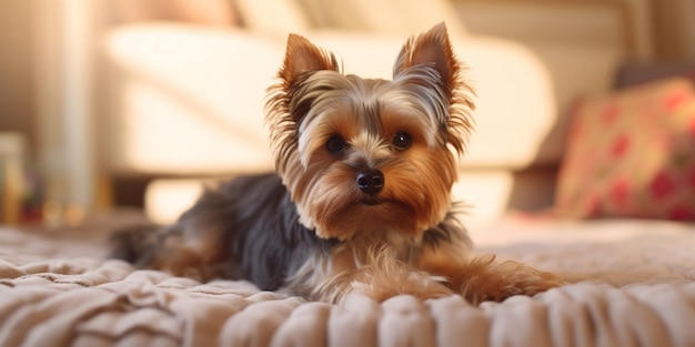 Fauler Hund, der auf dem Bett liegt und auf dem steht: Yorkshire Terrier