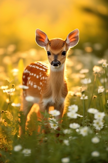 Faun en un prado con margaritas al atardecer