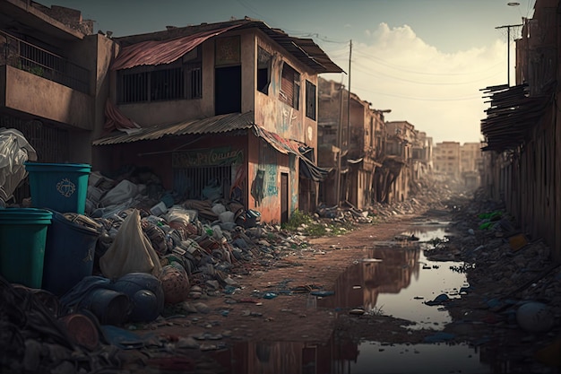 Favelas na cidade grande e lixo de lixo jogado transbordando de lixo