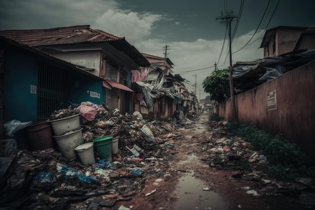 Favelas na cidade grande e lixo de lixo jogado transbordando de lixo