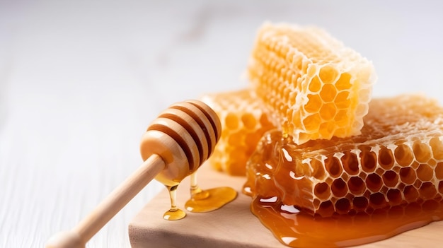 Favos de mel em uma placa de madeira com favos de mel no topo.